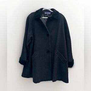 Vintage Coat Herman Kay Women 1X Black Wool Blend Overcoat Velvet Trim 3 Button